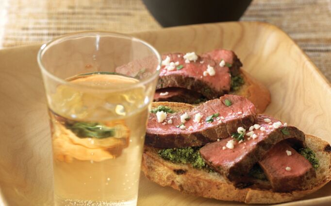 Smoky Cilantro Pesto Beef Crostini